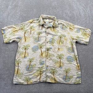 Banana Cabana Mens XL Silk Hawaiian Shirt Tropical Palm Tree Print Cream Green